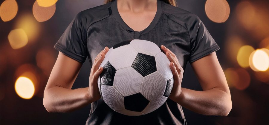 Igualdad futbol femenino. Mujer deportista irreconocible sujeta un balón de fútbol entre sus manos con fondo oscuro y desenfocado de fondo. La atleta lleva una camiseta deportiva negra.